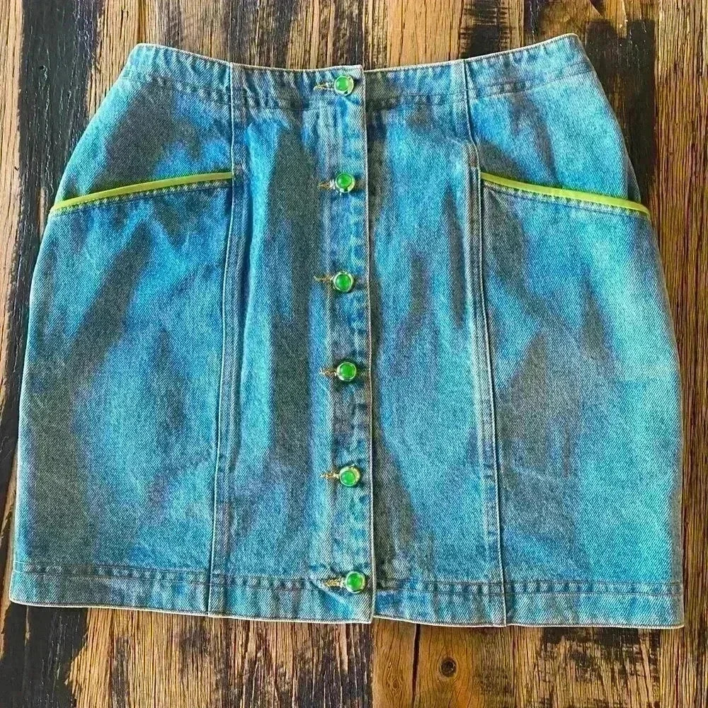 Vintage Y2K Denim Skirt Florescent Neon Green Buttons and Pleather Details Sz M